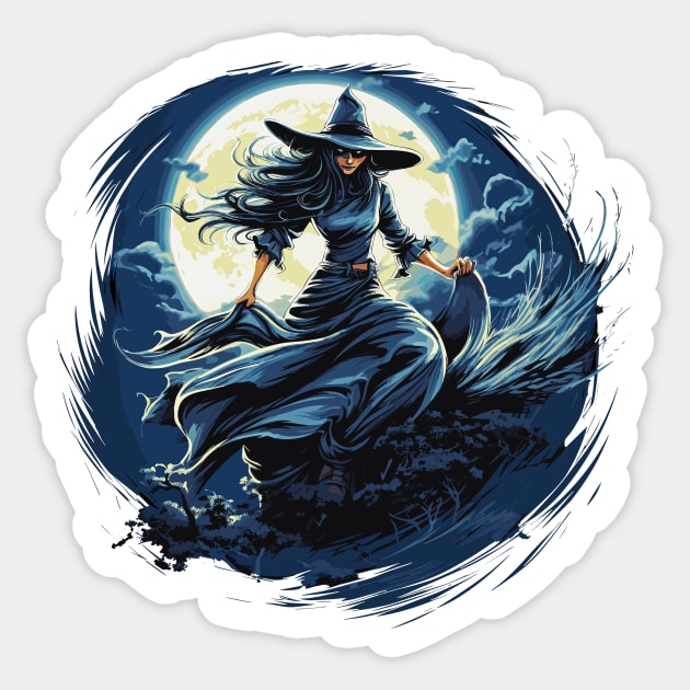 Blue Witch on a Dark Halloween Night Sticker by Tees 4 Thee